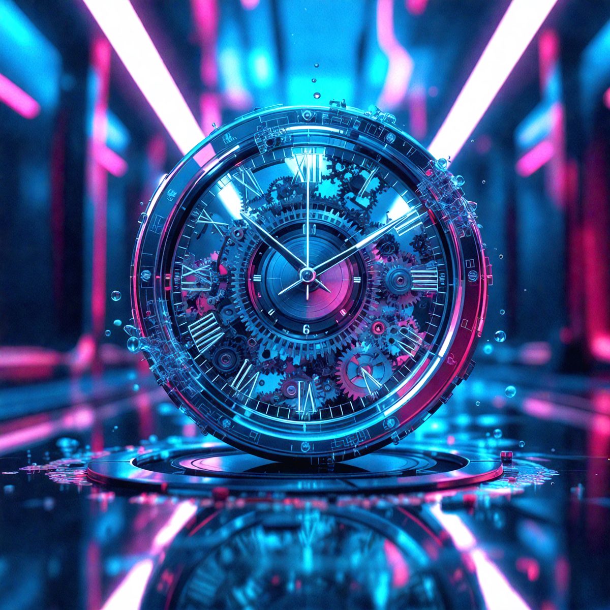 The primary subject of the image is a large, intricate clock with a blue and pink color scheme. The clock is placed on a blue surface, which could be a table or a countertop. The setting appears to be a futuristic or modern environment, possibly a space station or a high-tech facility. The visual style of the image is a combination of digital art and illustration, creating a unique and captivating scene. The colors and mood of the image are vibrant and energetic, with the blue and pink hues evoking a sense of innovation and progress.